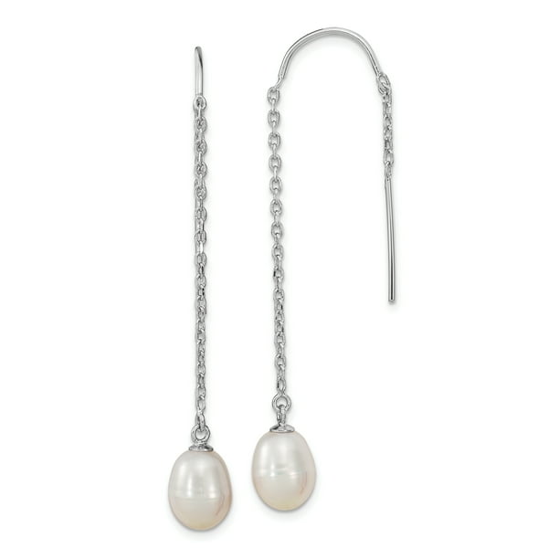 925 Sterling Silver Thread Threader Earrings Bar Chain White Freshwater Pearls